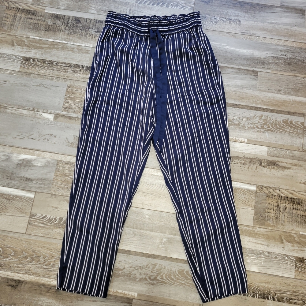 Zara Navy and White Striped Drawstring Pants Size XS